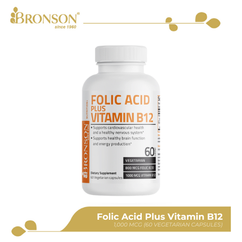 Bronson Folic Acid 800 + Vitamin B12 for Pregnancy and Baby Health Support 1000mg 60CT