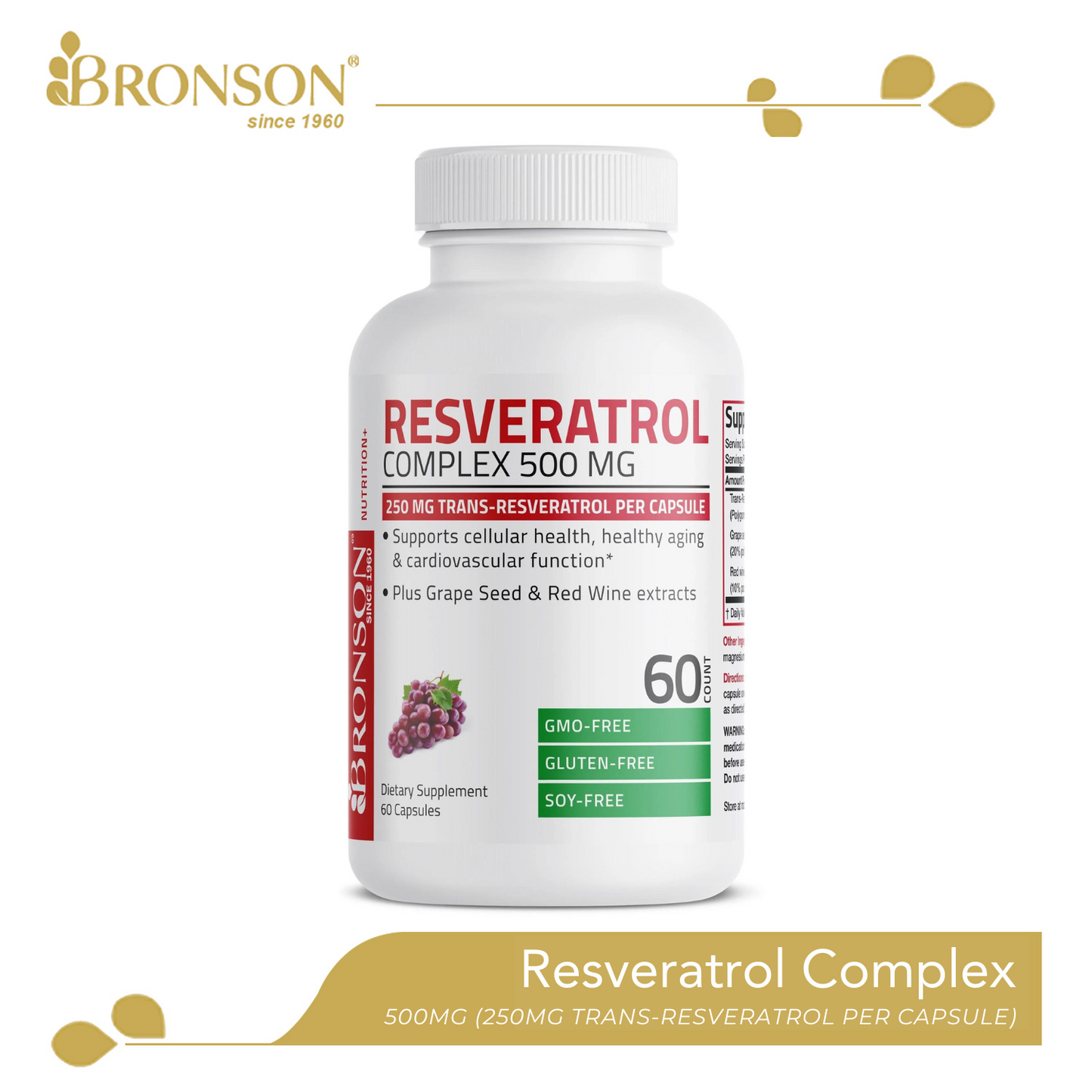 Bronson Resveratrol 250MG Trans-Resveratrol + Grape Seed & Red Wine Extract (60 Capsules)